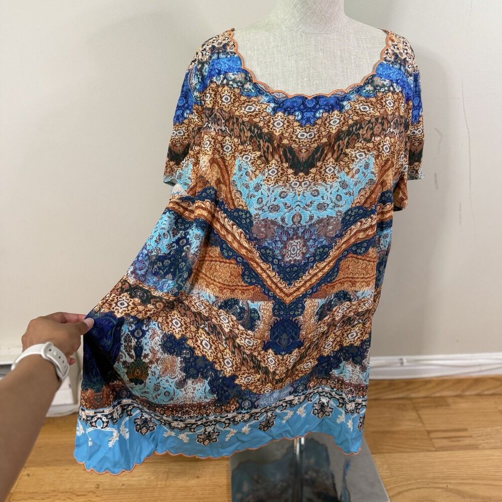 Soft Surroundings Sharron Short Sleeve Scalloped Trim Tunic Paisley L EUC Boho